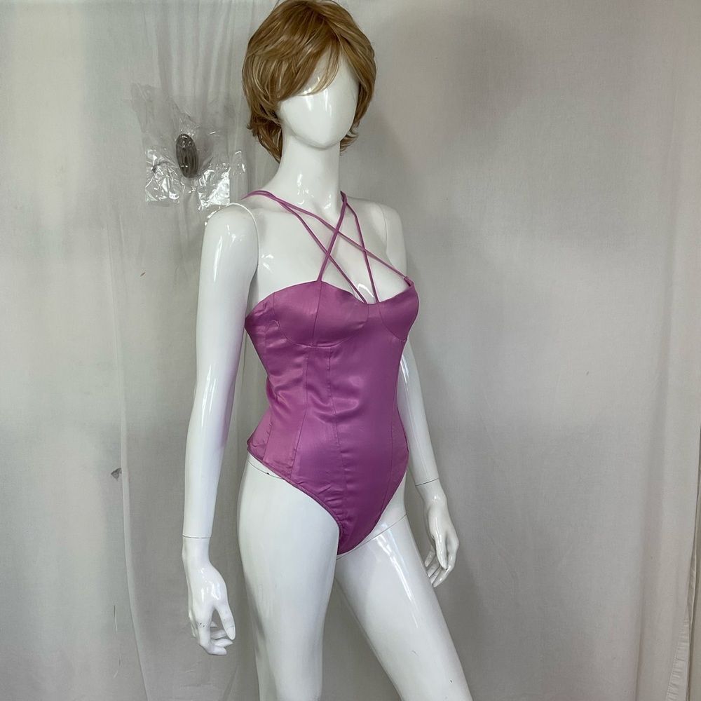 Zara Pink Satin Hidden Zip Snap Button Strappy Effect Bodysuit Medium - Picture 6 of 12
